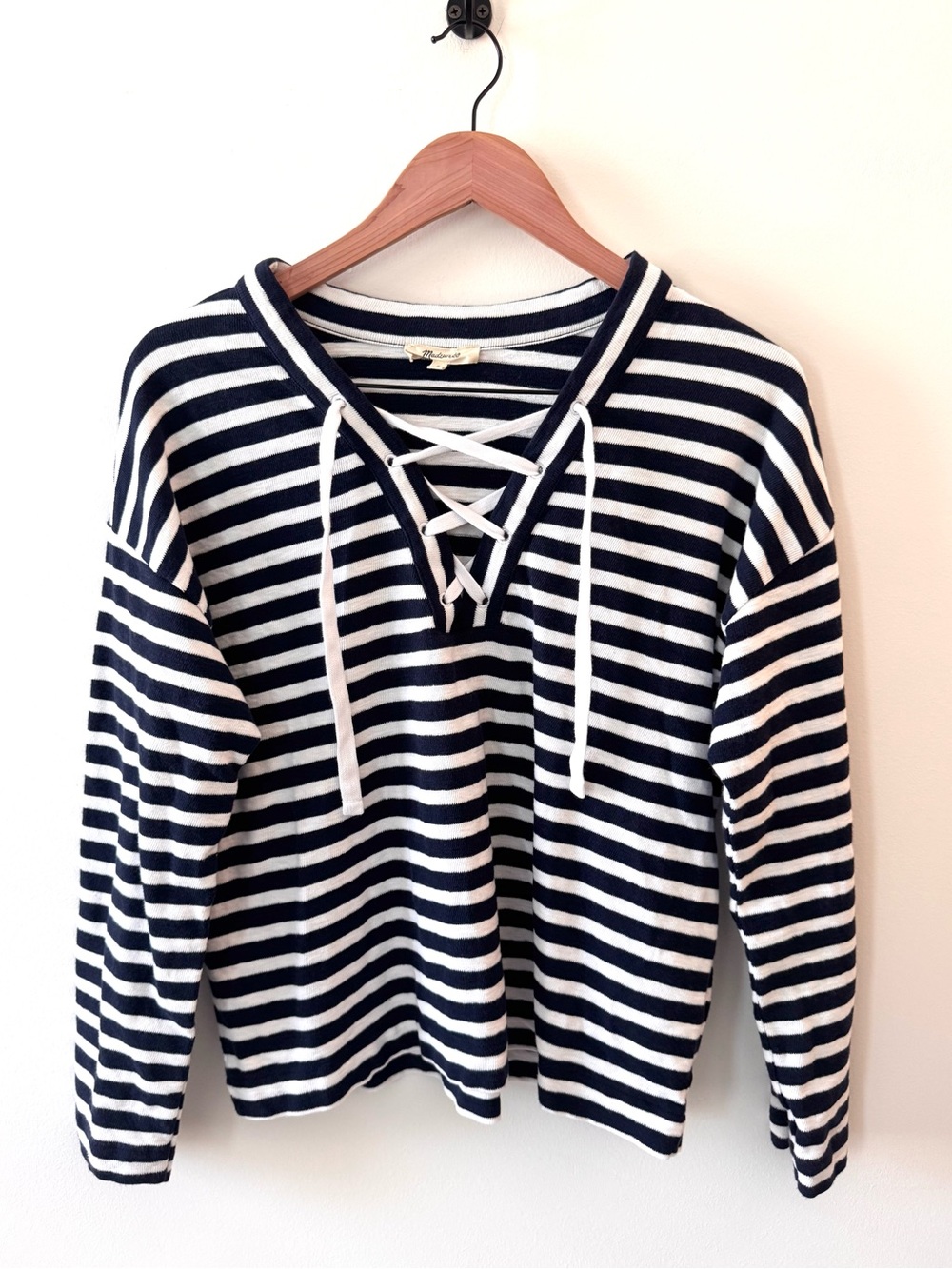 Madewell Lace-Up Long Sleeve Tee Navy White Stripe Small Coastal